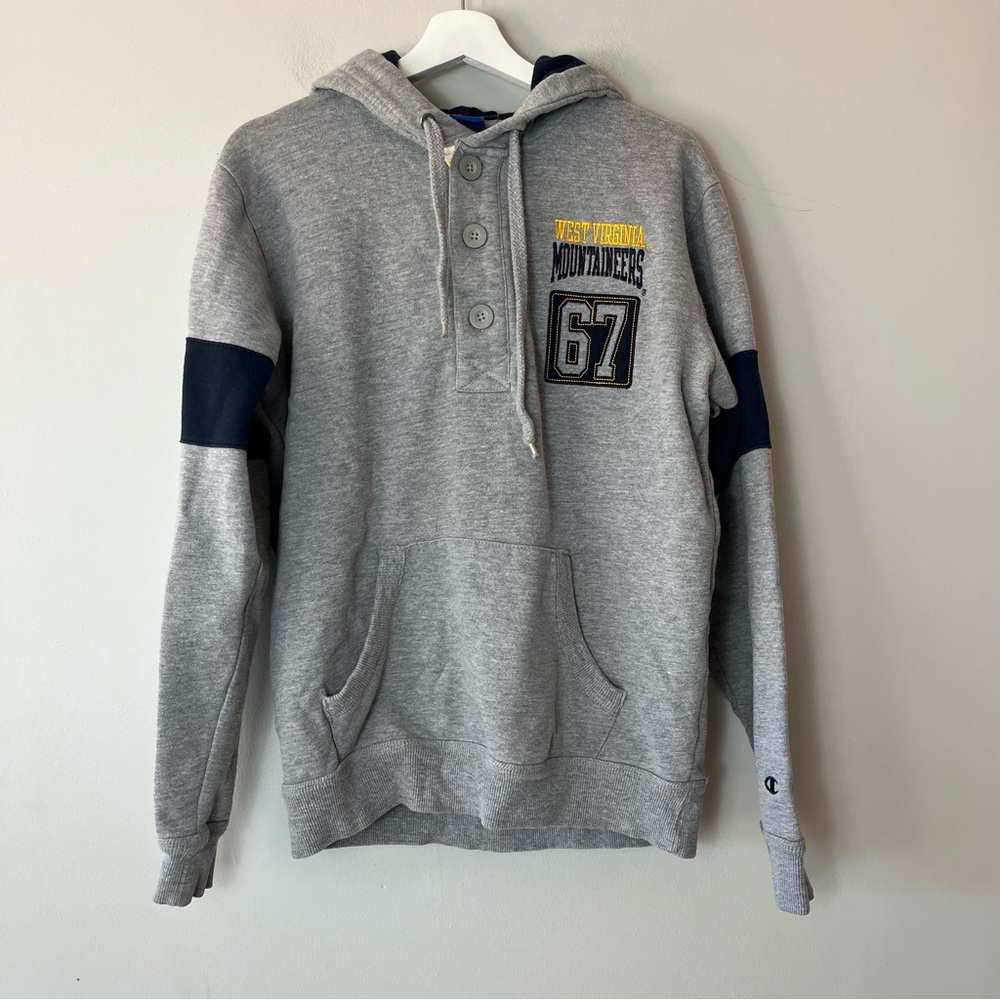 Champion Heritage Three Button Gray WVU Hoodie West Virginia Mountaineers Medium